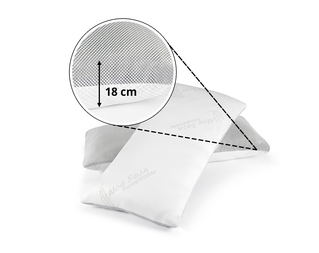 Almohada One viscoelástica de copos, mostrando sus medidas y versatilidad.