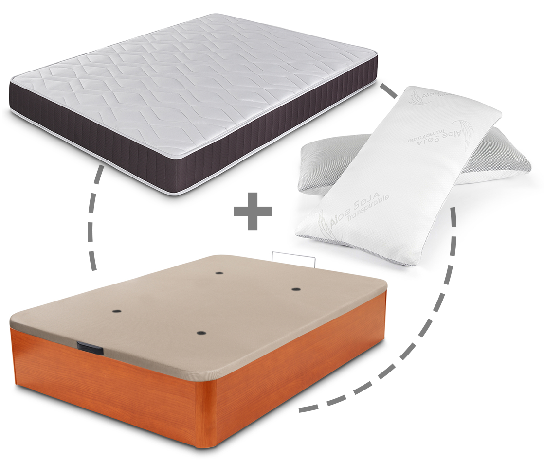 Pack canapé abatible + colchón + almohada 105x190 Cerezo