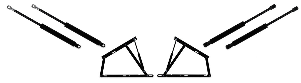 Juego de dos resortes o pistones de gas para canapé abatible con detalle del sistema de fijación.